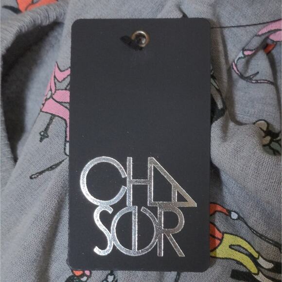 Chaser Knit Top in Vintage Ski Print Heather Gray Crew Neck Long Sleeves S New - Picture 7 of 11